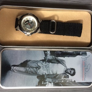 James Dean Men's Watch with James Dean Image Silver Round Dial on a Nylon Velcour Black Band in Original Watch Case Collector's Watch!