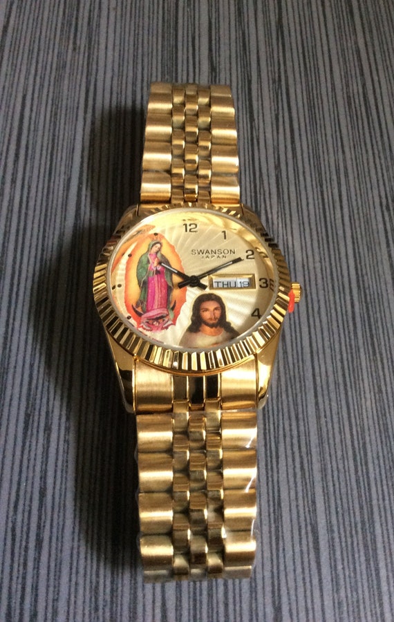 Men's Gold Religious Watch Rectangle White Virgin Mar… Gem