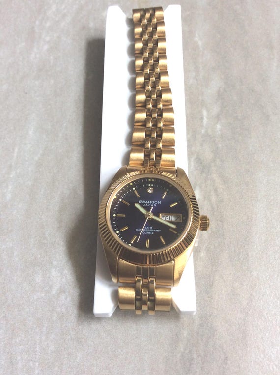 Vintage New Swanson Women's Watch Round Blue Dial with Day & Date on a Gold Linked Band