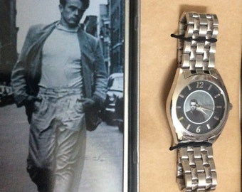 James Dean Men's Watch Silver Case Round Jame's Dean Dial Easy to Read on Silver Linked Band Vintage New in Box Un-used Ready to Cherish!