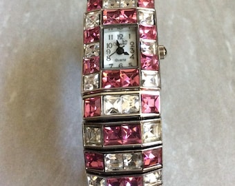 Geneva Pink & White Crystal Women's Bangle Watch Rectangle White Dial Black Numbered Hours New Unused Vintage Item Works Perfectly!