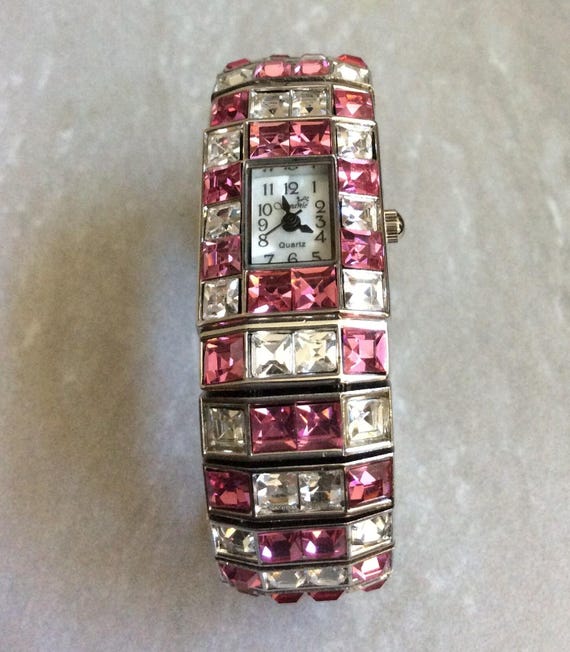 Geneva Pink White Crystal Women s Bangle Watch Rectangle White Dial Black Numbered Hours New Unused Vintage Item Works Perfectly Etsy