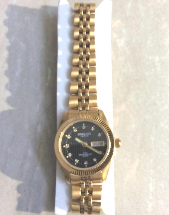 Swanson Women's Watch Round Black Dial Crystal Hour Markers Day & Date on Gold Linked Band New Unused Vintage Watch New Beauty!