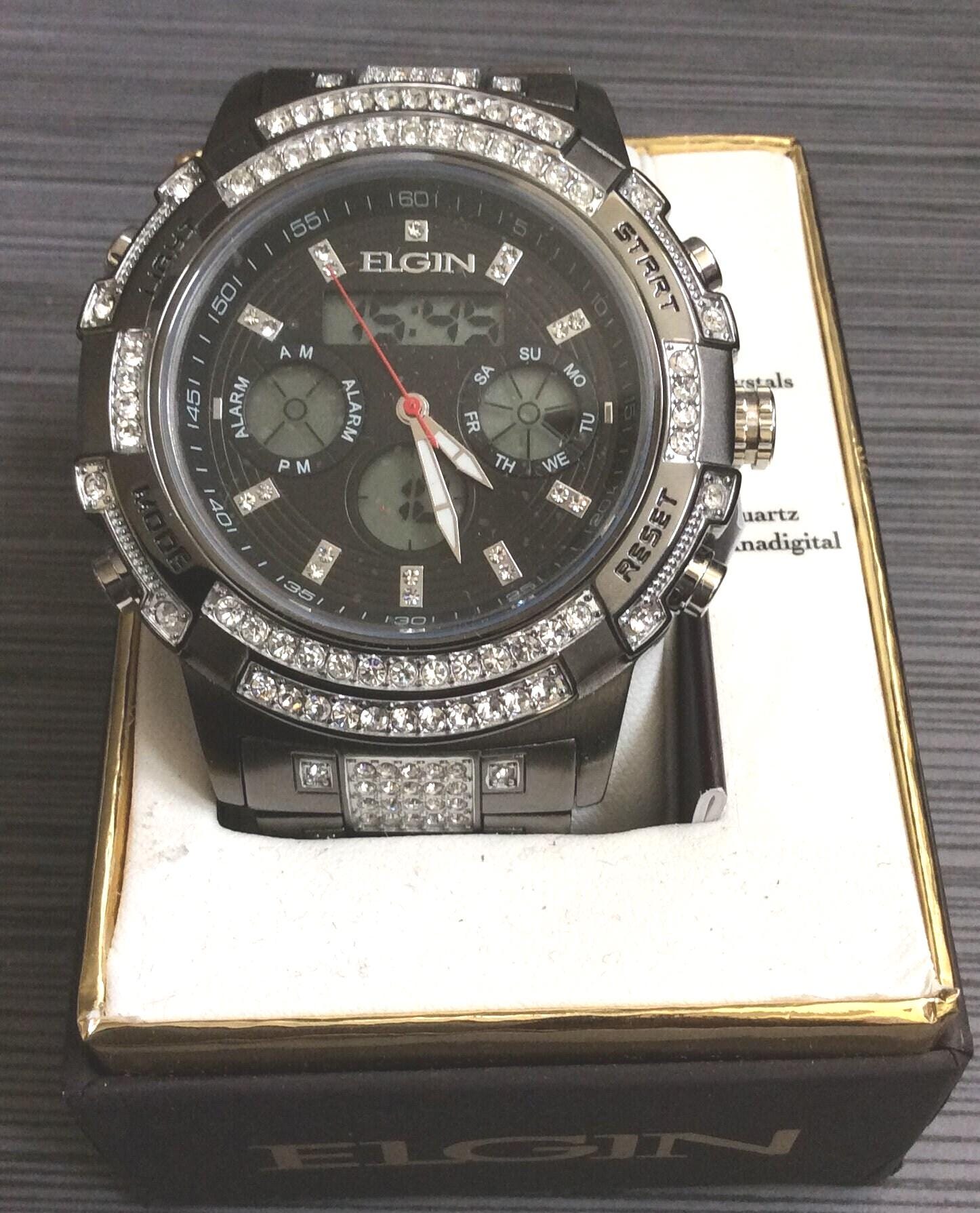 ELGIN 283 クリスタル メンズ腕時計 ガンメタル クリスタルベゼル 