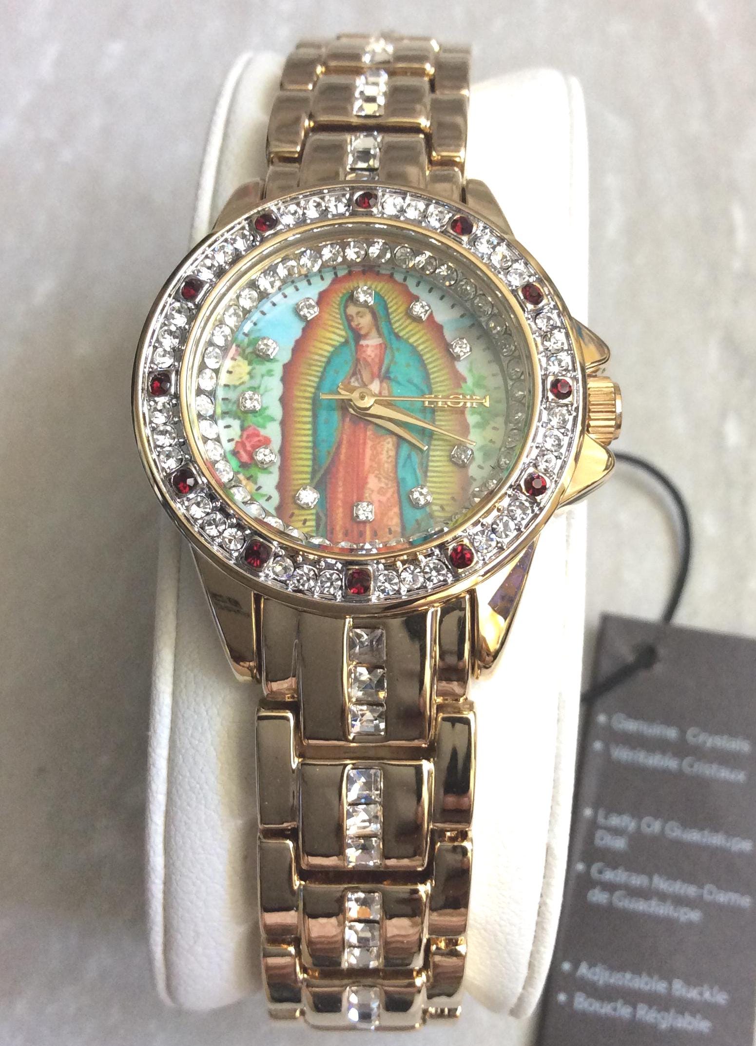 ELGIN Crystal Gold Religious Watch Round Lady of Guadalupe 