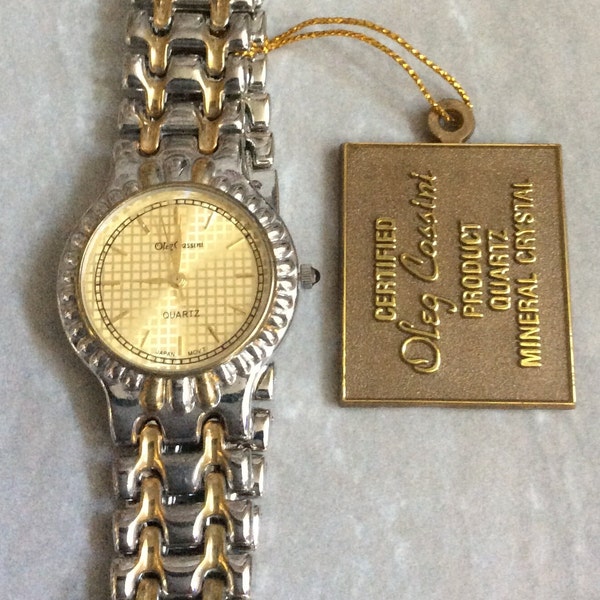 Oleg Cassini Men's Dress Watch Round Gold Accented Dial Index Hours on Two-Tone Linked Band Vintage Unused New Watch!