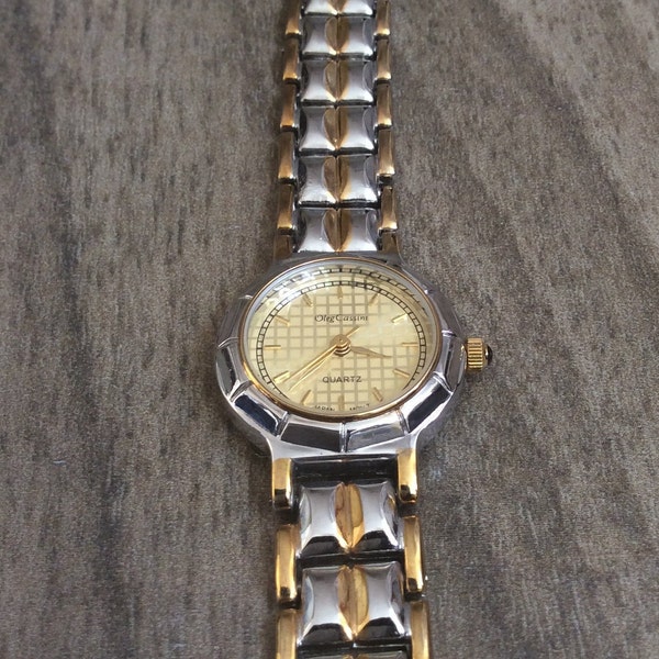 Vintage Oleg Cassini Women's Watch Round Gold Accented Small Dial on Two Tone Unique Linked Band In Mint Condition Rare Beauty to Cherish!