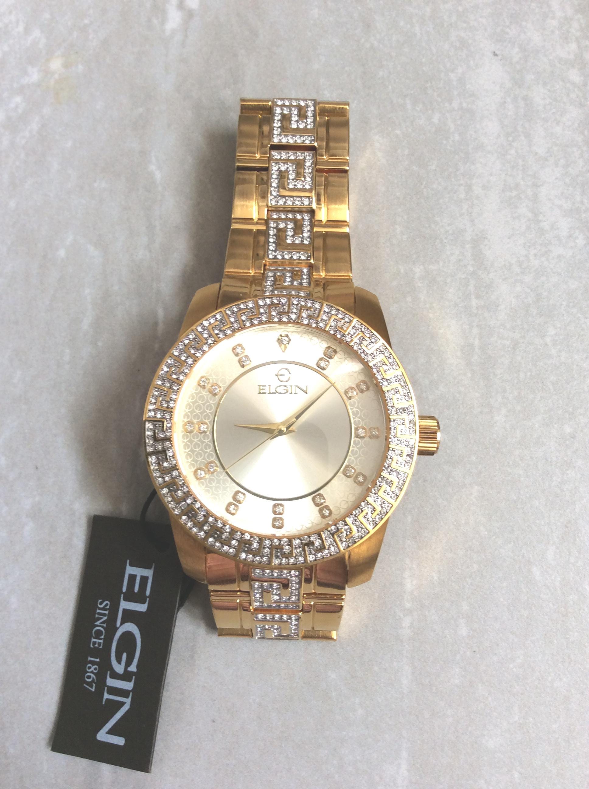 ELGIN 腕時計　ダイヤモンド　鑑定書付き　ゴールド ELGIN Men's Crystal Watch Round Gold Dial Double Crystal Hour