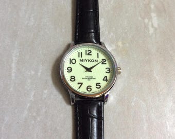 MIYKON Silver Men's Watch Round Glow in the Dark Dial on Black Leather Band Waterproof 30M Unused still New Vintage Watch High Quality!