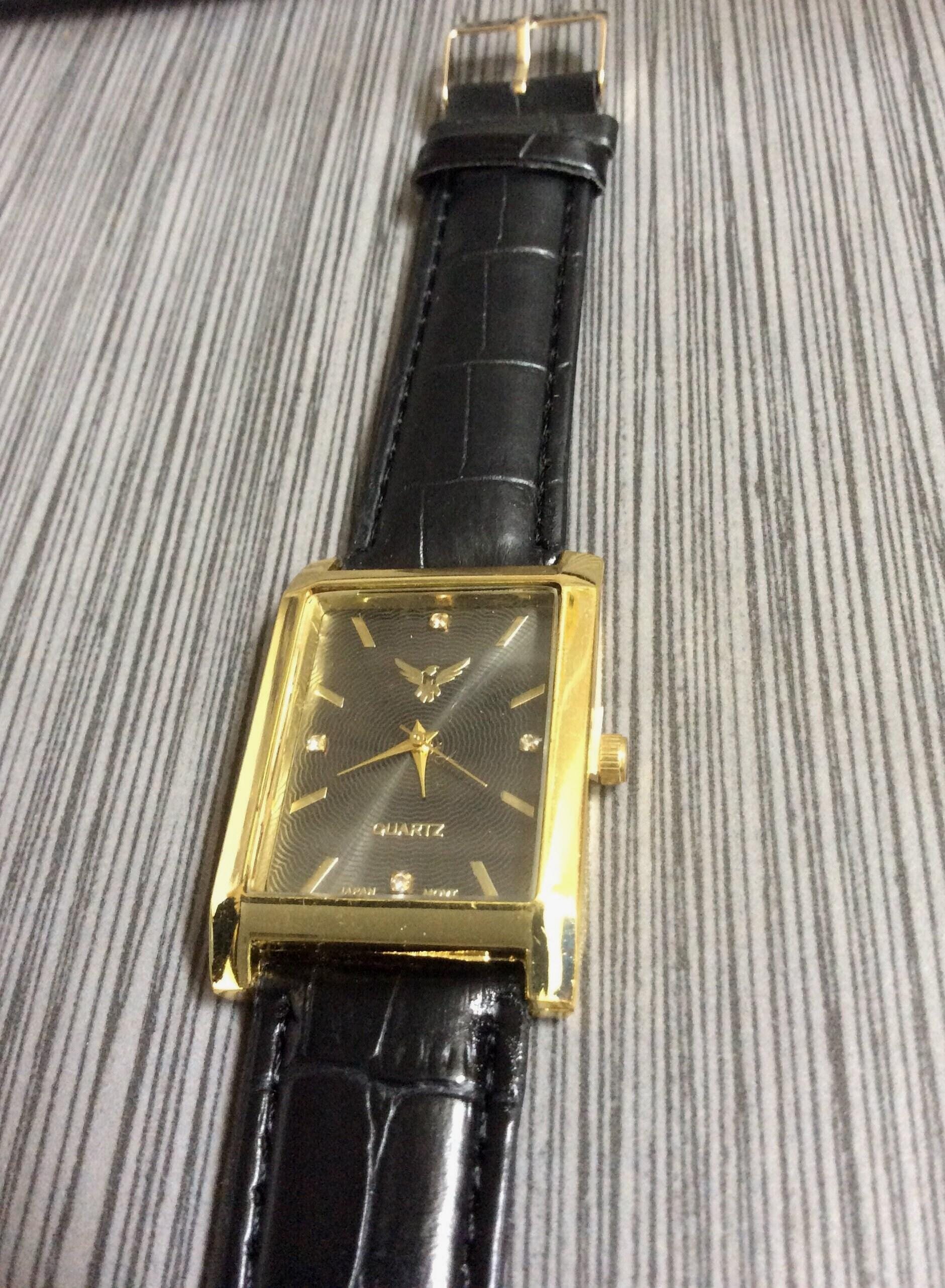 Vintage Gold Black Rectangular Watch with Crystal Dial Rectangle Black Dial with Diamond-Set Lugs Watch - Condition  main image 4