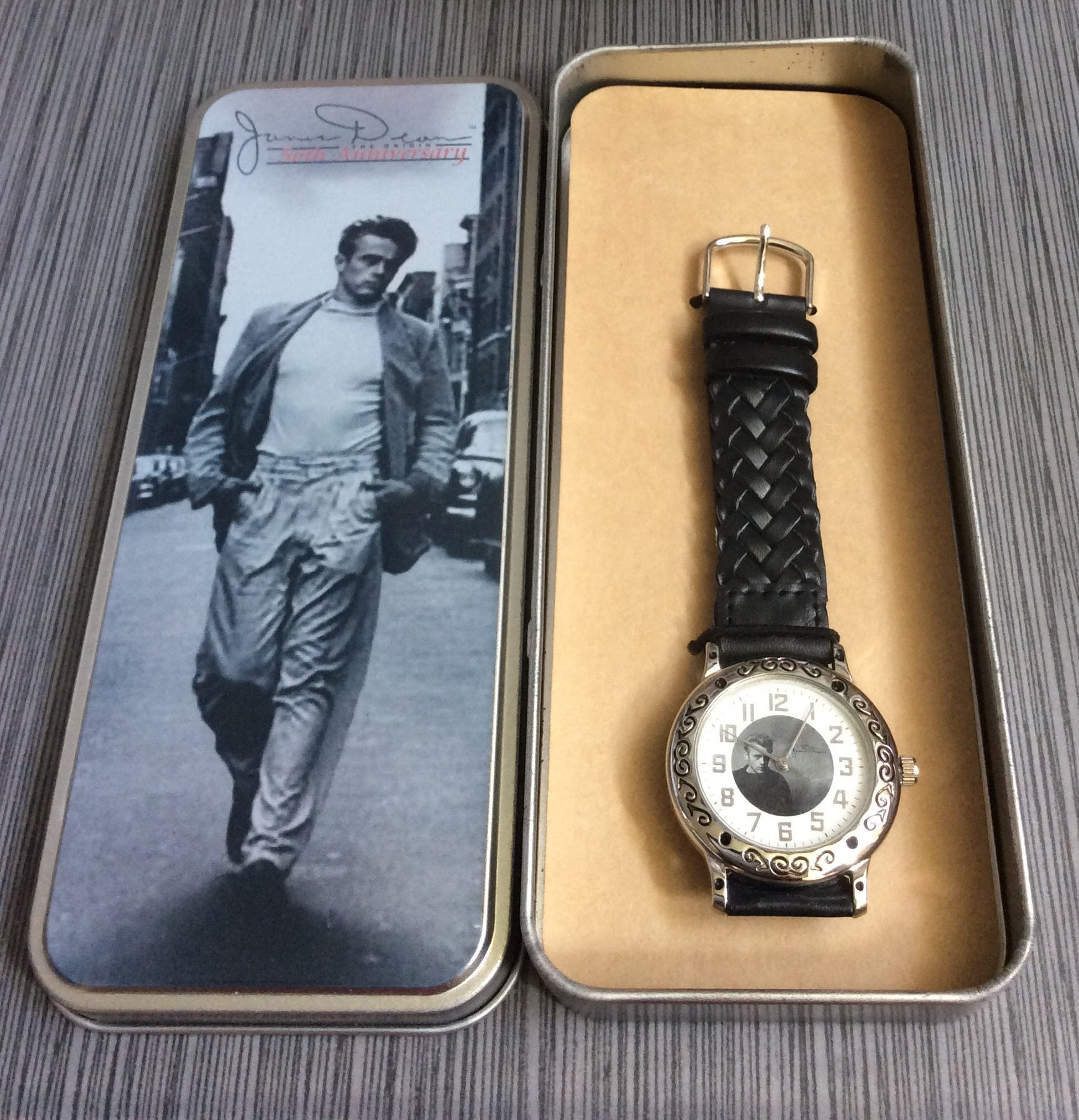 James Dean Women s Watch Unique Silver Bezel case Round James Dean White Dial on a Braided Black Leather Band New Unused Vintage Watch Rare Etsy