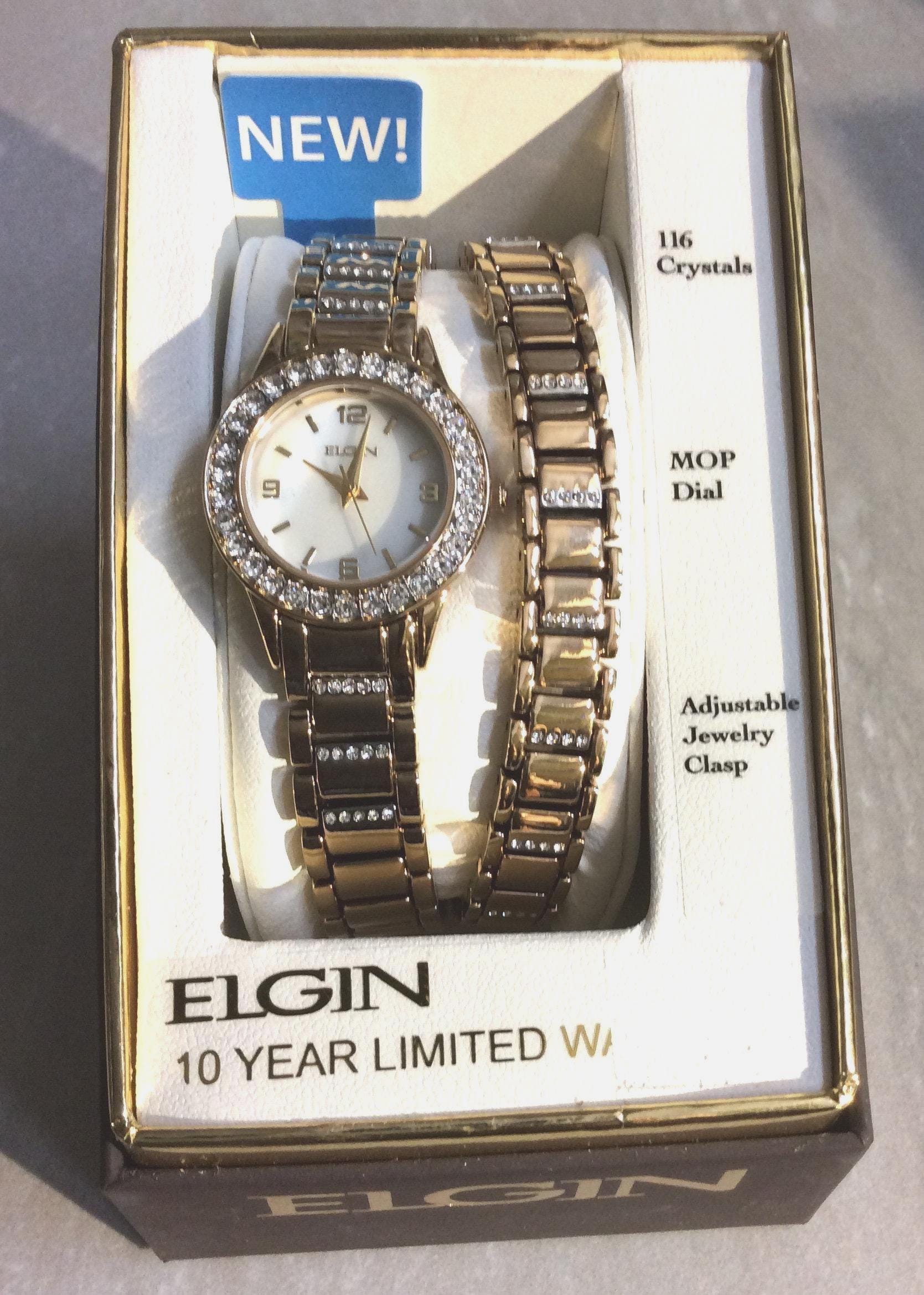 Elgin Women's Gold Crystal Watch & Bracelet Set, Mother of Pearl