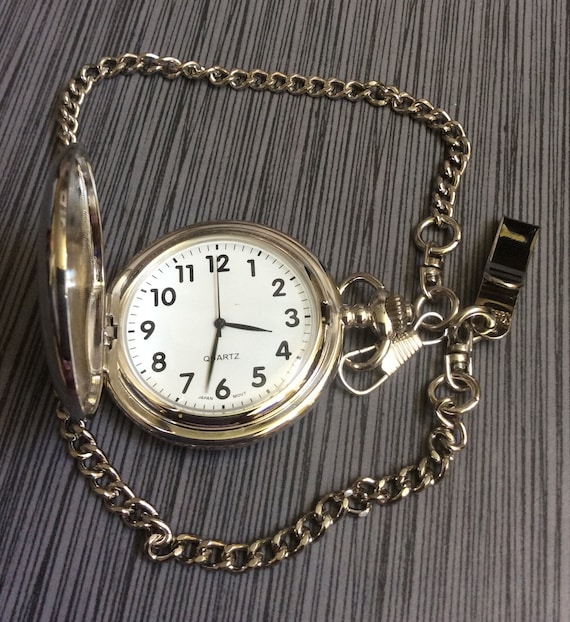 Silver Pocket Watch Round White Dial Black Number… - image 1
