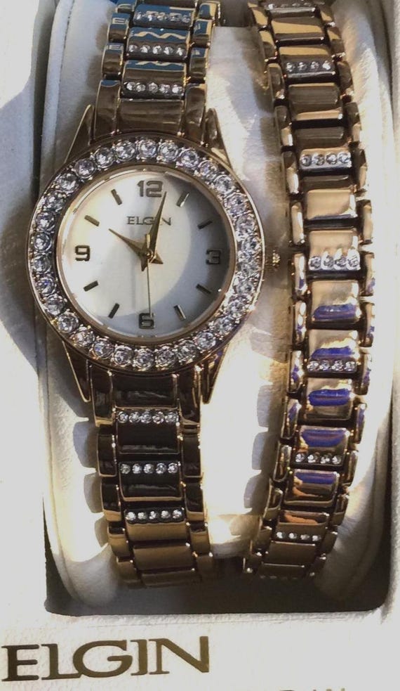 ELGIN gold ingot レディース腕時計 Elgin Women's Gold Crystal Watch & Bracelet Set, Mother of Pearl