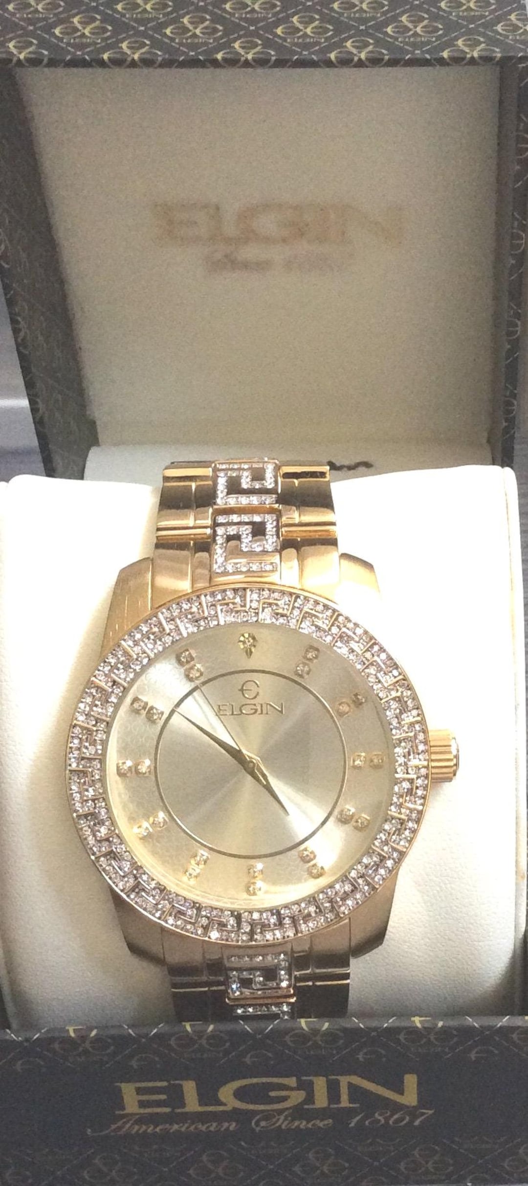 ELGIN Men's Gold Crystal Watch Round Gold Dial Crystal Hour