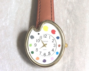 Finesse Women&#39;s Watch Colorful Paint Palette Round White Dial on Brown Leather Band New Unused Vintage Item.