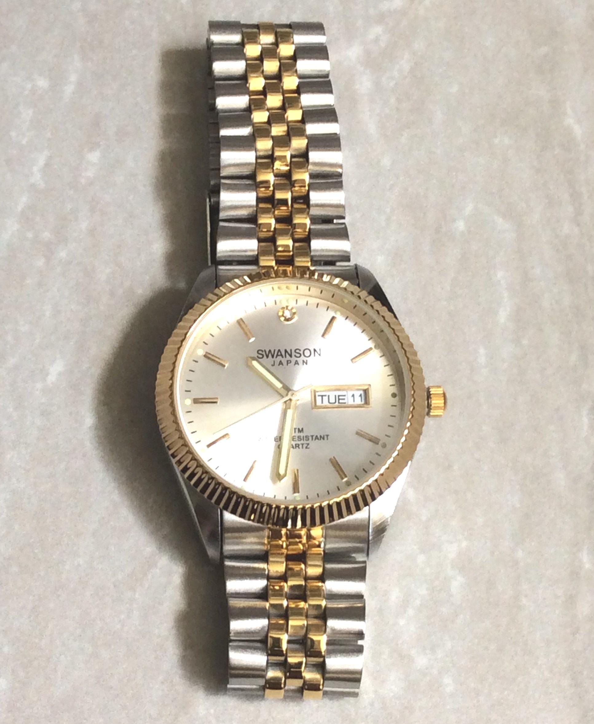 SWANSON Men's Watch Round Silver Dial Gold Index Hours Day & Date