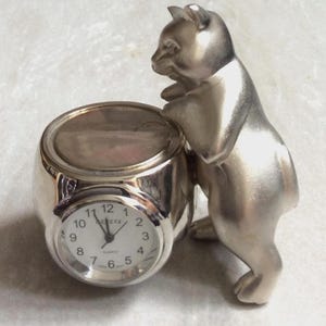 Geneva Kitty Cat Miniature Clock, Vintage Silver Timepiece, New in Box