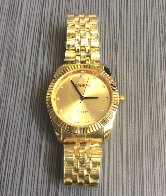 Geneva Men's Gold Watch Round Gold Dial Crystal Hours on Gold