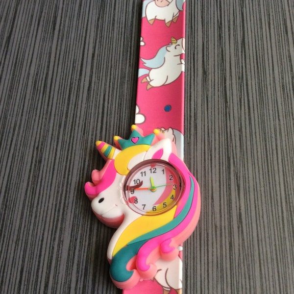 Girl's Unicorn Watch Round Colorful Dial Numbered Hours on a Unicorn Pink Slap-on Watch Band New Handmade Perfect Gift!