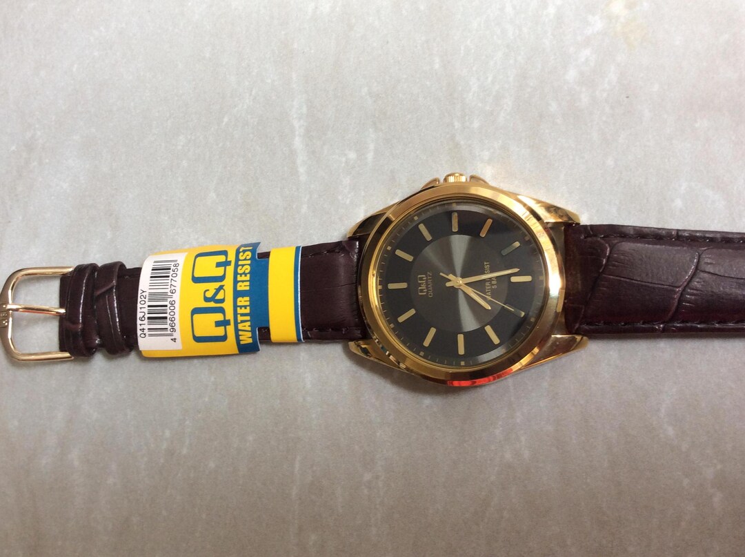 Q&Q Men's Gold Watch Round Black Dial Gold Index Hours on Brown Leather ...