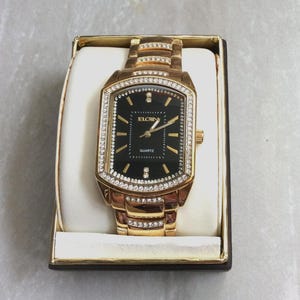 Elgin Crystal Gold Men's Watch, Rectangular Black Dial, Vintage in Box