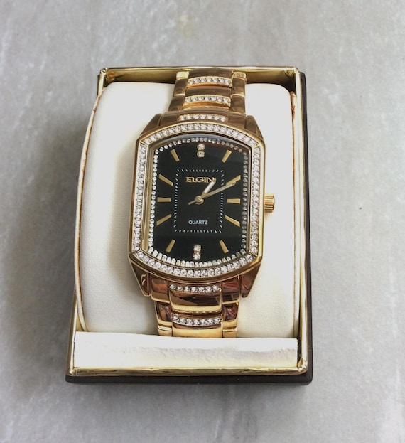 Elgin Crystal Gold Men's Watch, Rectangular Black Dial, Vintage in