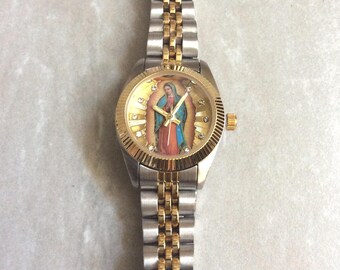MIYKON RELIGIOUS Women's Watch having a Gold Guadalupe/Mother Mary Dial Crystal Hours on a Two-Tone Linked Band New Unused Vintage Item!