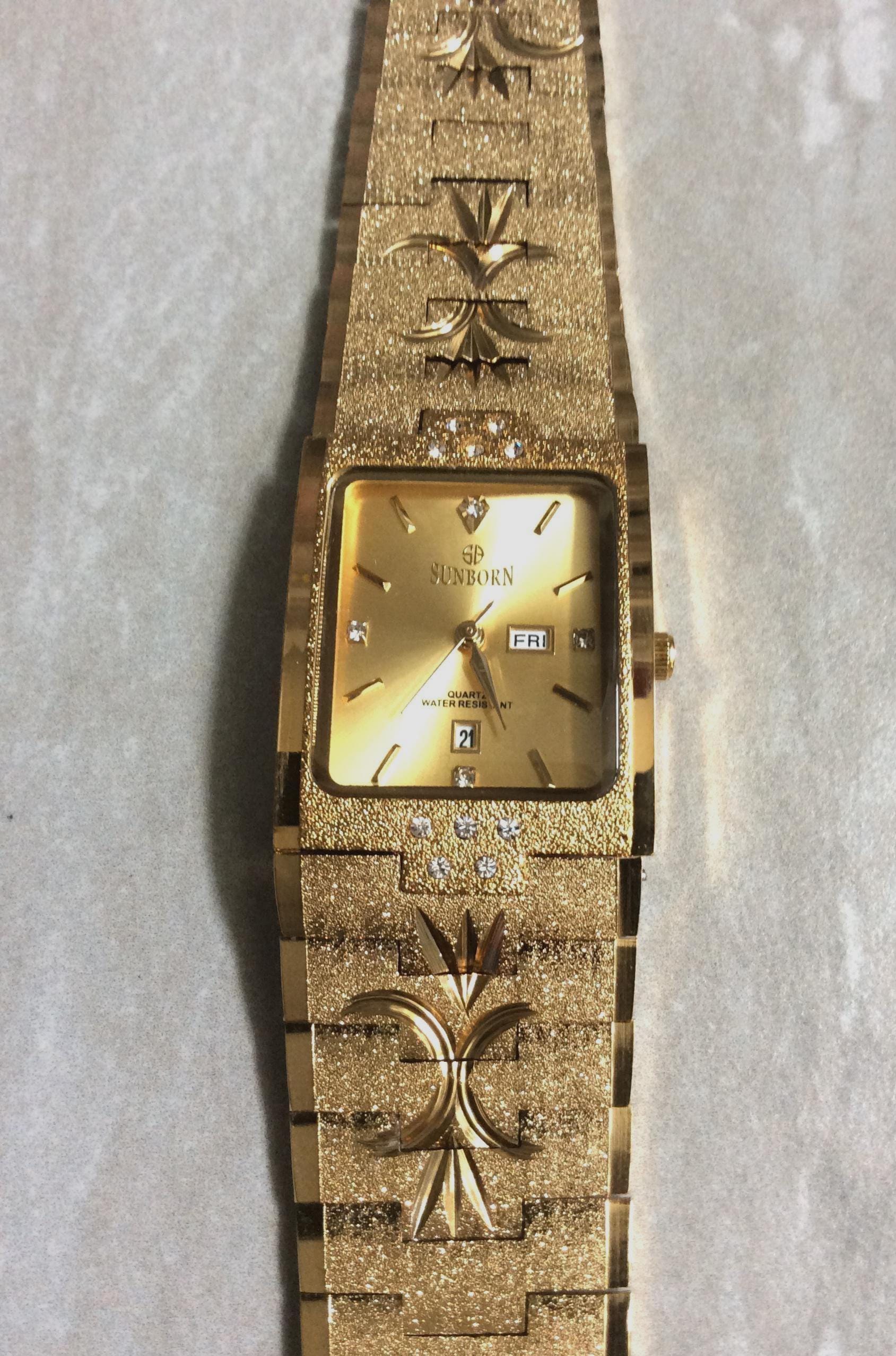 Sunborn Men's Gold Dress Watch: Rectangle Dial, Embroidered Linked Band