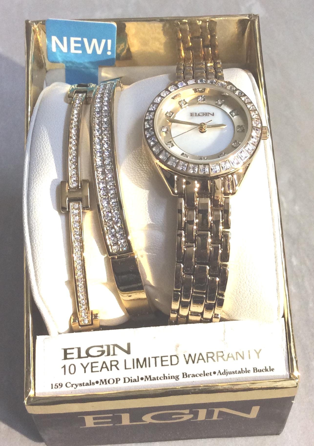Elgin Womens Oval Yellow Gold Tone Mother Of Pearl Dial Watch Bracelet Set Vtg Elgin Women Oval Wristwatches for sale | eBay main image 3