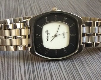 Wrangler Men's Dress Watch Rectangle Black & White Dial Silver Arabic Hours on a Silver Linked Band New Unused Vintage Watch, Rare!