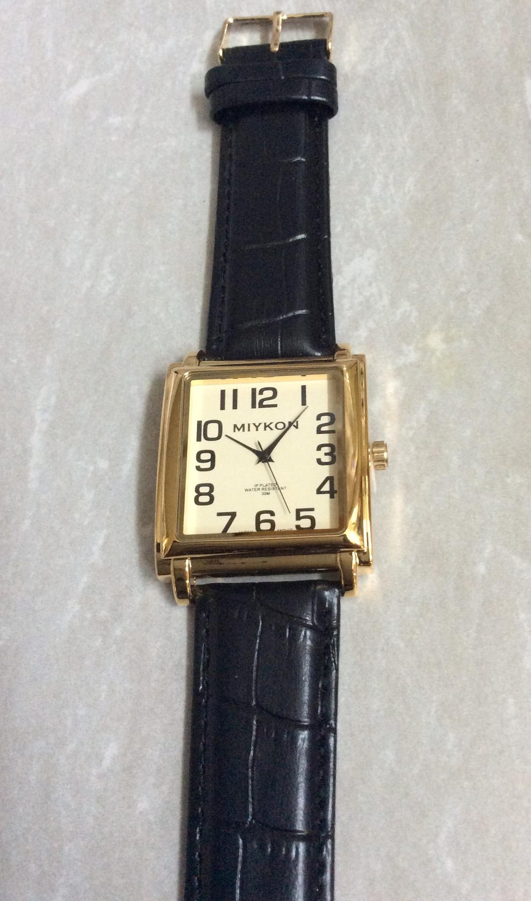 MIYKON Men s Gold Watch Square Gold Dial Numbered Hours on Black Leather Band WR30M New Unused Vintage Watch Work s Perfectly Awesome Etsy