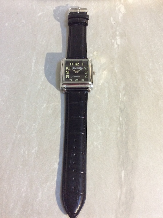 MIYKON Men s Silver Watch Square Black Dial Green Numbered Hour Markers on Black Leather Band New Unused Vintage Item Works Perfectly Etsy