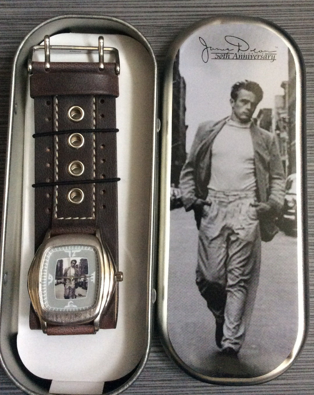 James Dean Watch Rectangle Dial on Leather Band in Original Tin Watch Box Vintage Still New Etsy