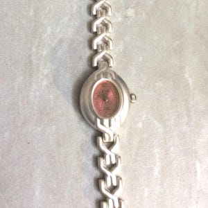 KISH Women&#39;s Watch Oval Pink Dial Arabic Numbers & Indices Hours on a Unique Silver Linked Band Unused Vintage Still New Beauty!