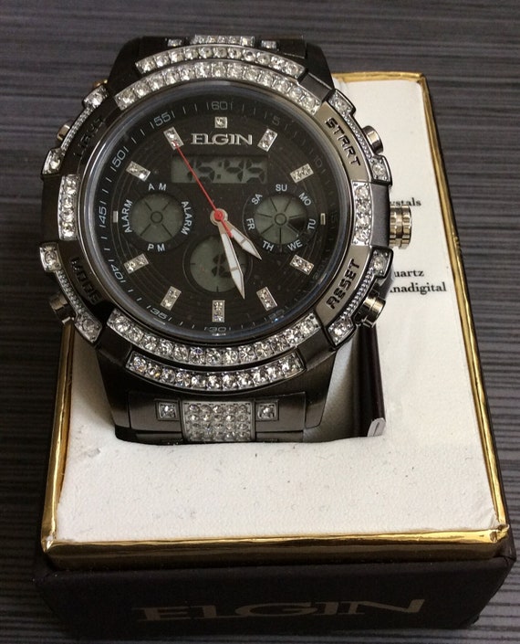 ELGIN 283 Crystal Men s Watch Gunmetal Crystal Bezel Case Band Round Black Dial Crystal Hours Digital Analog Chronograph Dial New Vintage