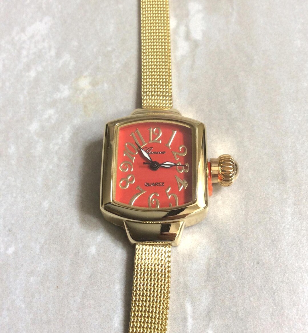Geneva Gold Women's Watch Rectangle Red Dial Displaying Gold Numbered ...
