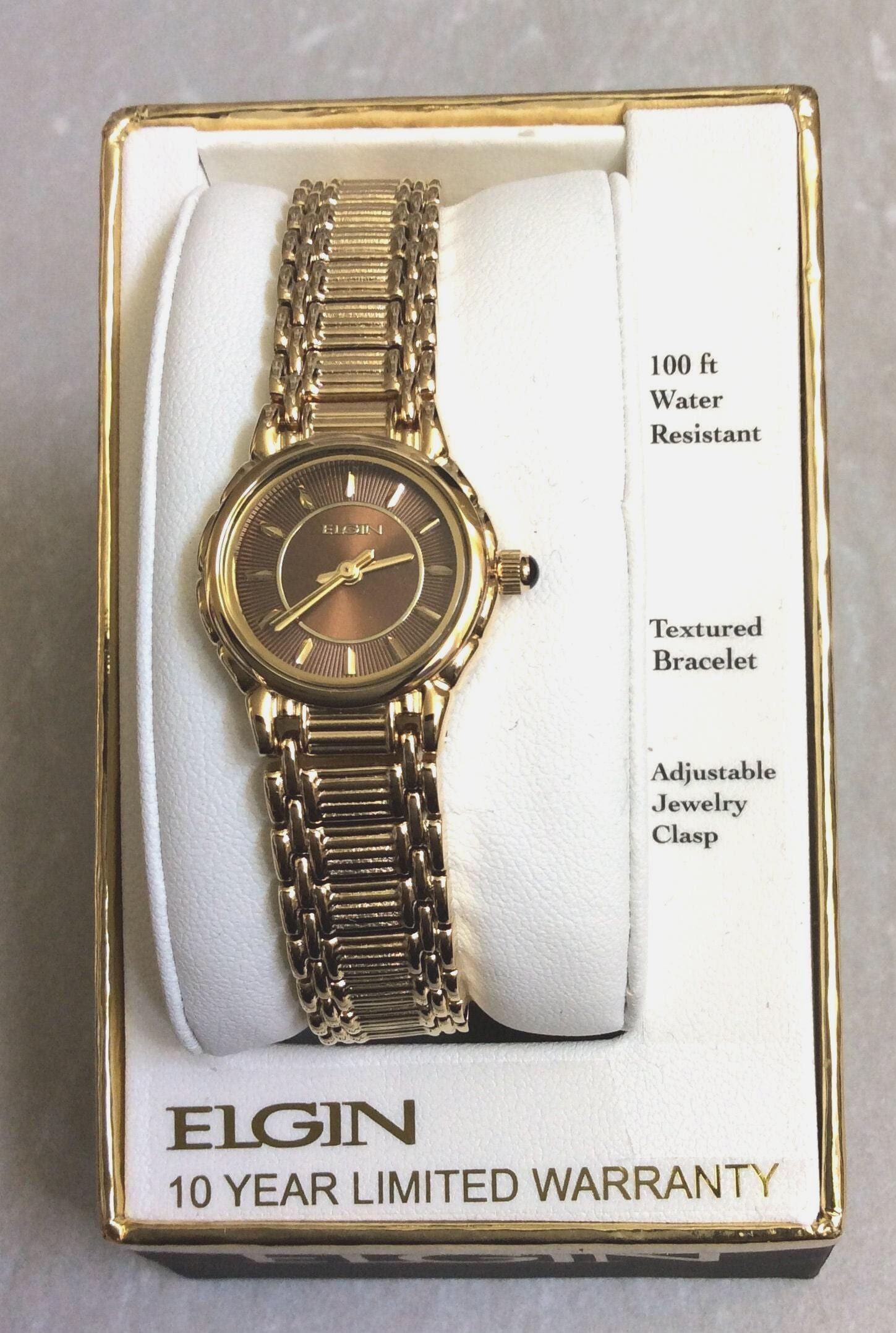 Elgin Women's Gold Watch, Round Brown Dial, Linked Band, Vintage