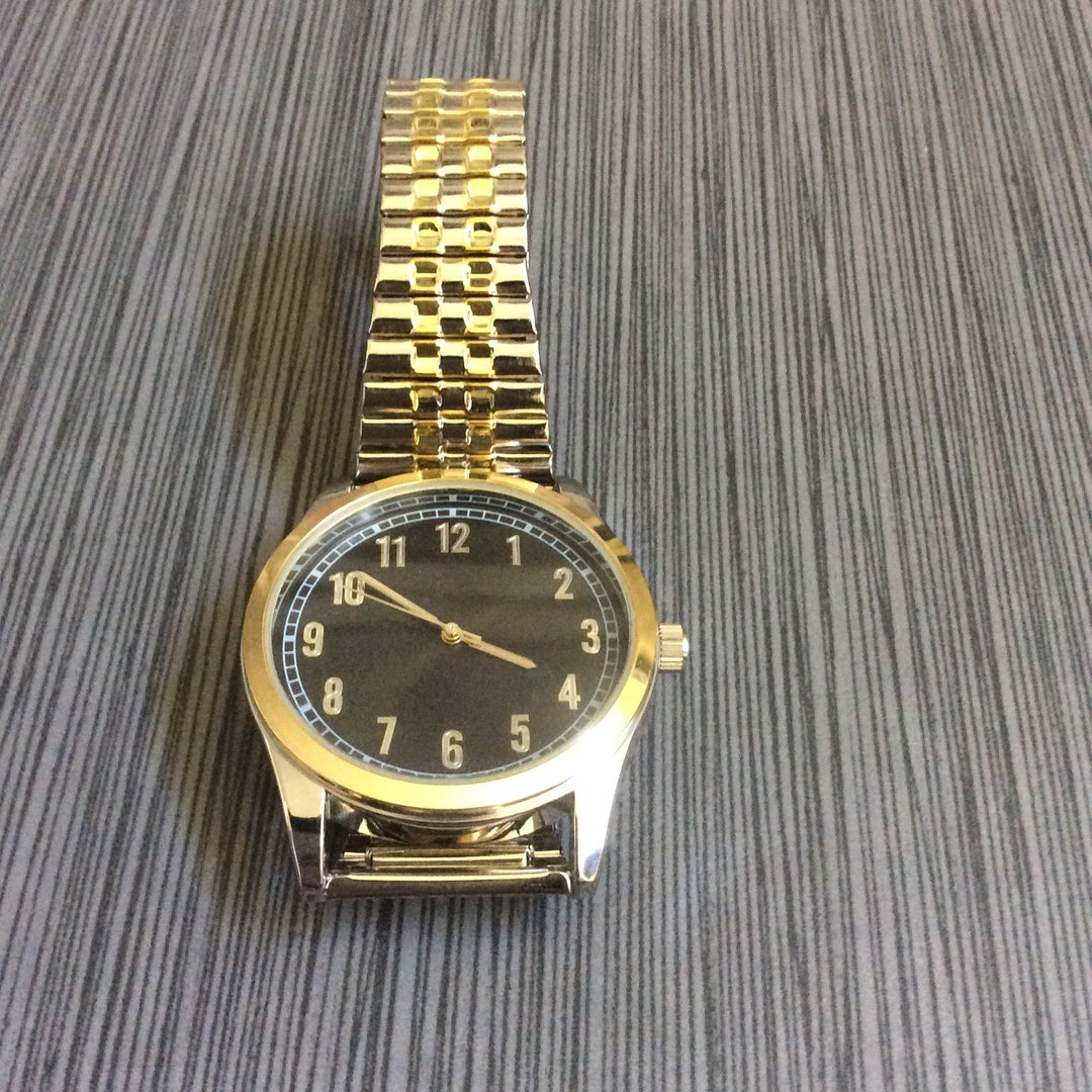 Twotone Men's Stretch Band Watch Round Black Dial Gold Etsy