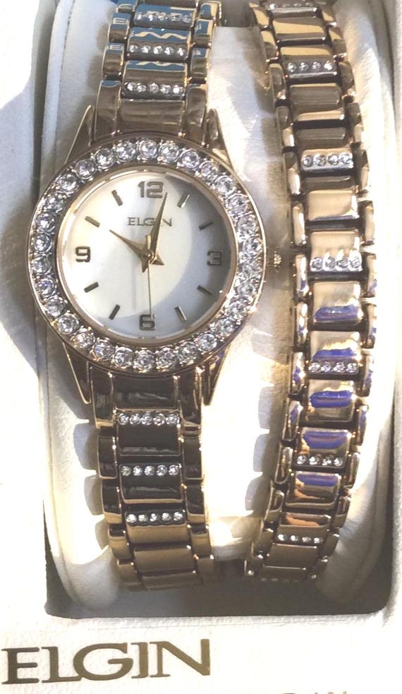 ELGIN gold ingot レディース腕時計 ELGIN Women's Gold Crystal Watch Set Having a Round Pearl Dial