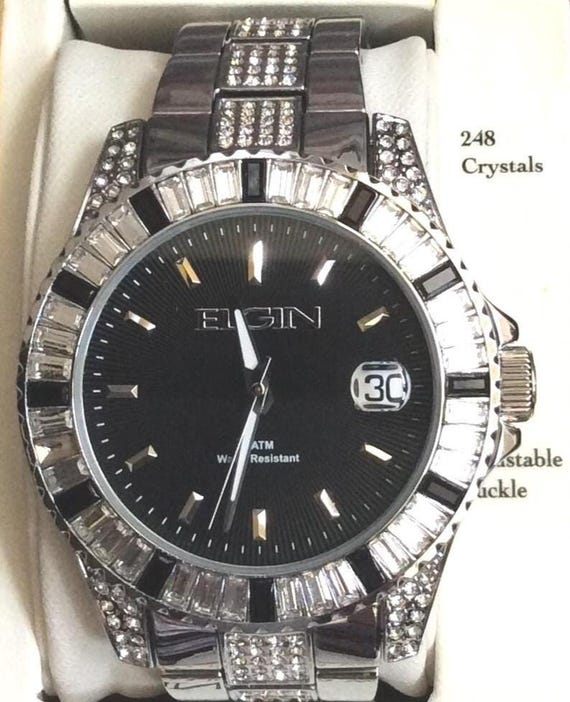 Marca Elgin Diamond Reloj Elgin Hombre ELGIN 248 Reloj De Plata Con  Cristales Para Hombre, Esfera Redonda Negra, índices Plateados, Indicador  De