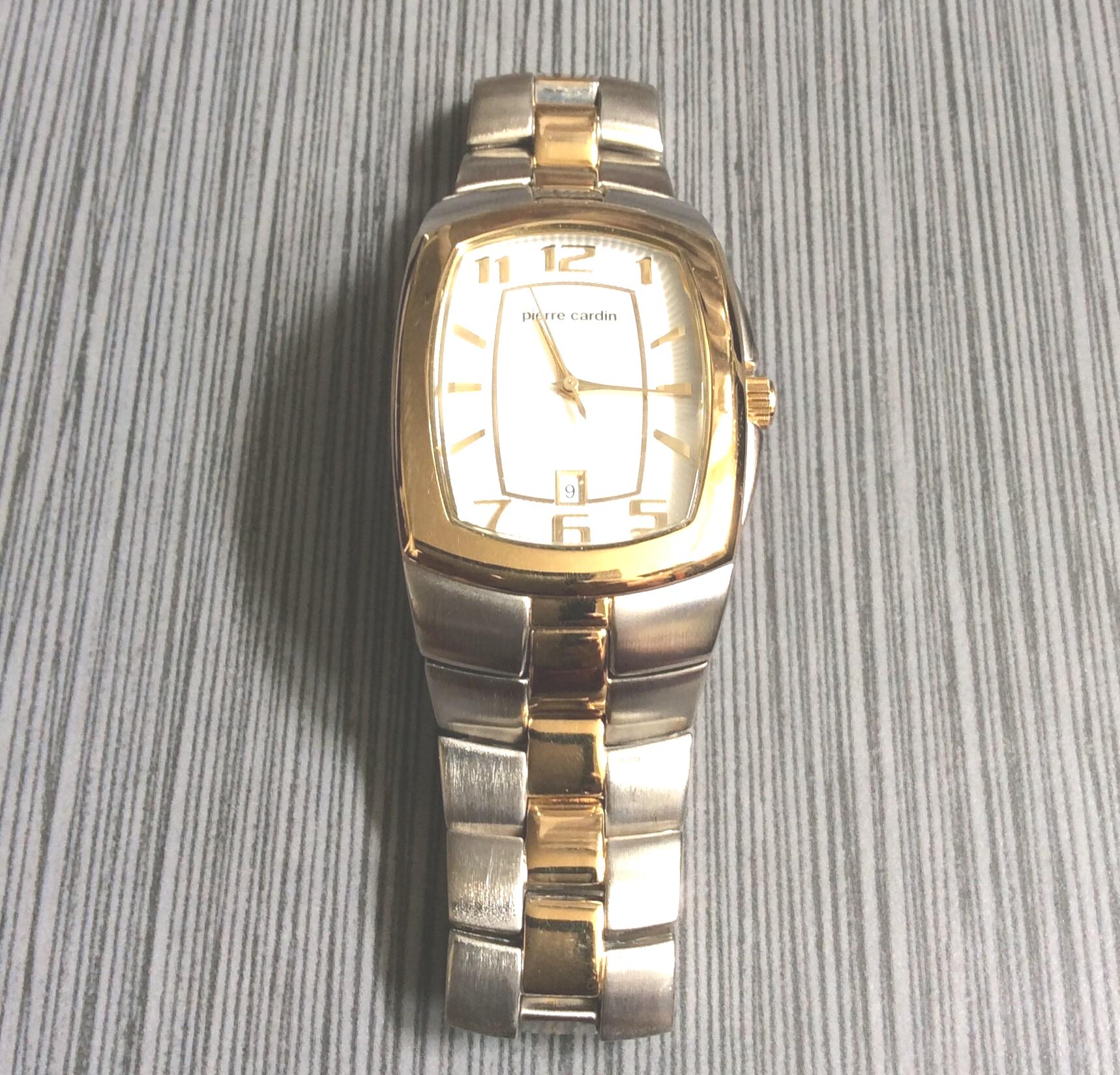 Pierre Cardin Men's Watch Rectangle Silver Date Dial on Two Tone Linked  Band Vintage New Un-used Watch!