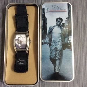 James Dean Herrenuhr Rechteck auf Nylon Schwarz Klettband New Old Stock in Original Box Funktioniert Perfekt!