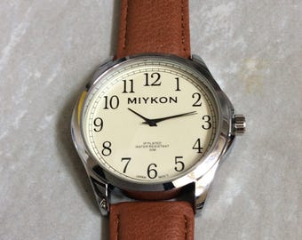Miykon Men s Watch Waterproof 30M Having a Gold Case Square Gold Dial Black Numbered Hours on a Cherry Black Leather Band Unused New Vintage Etsy
