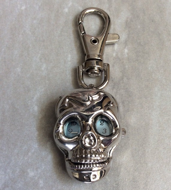 Silver Skull Watch Clip-on With Blue Eyes & Dial B