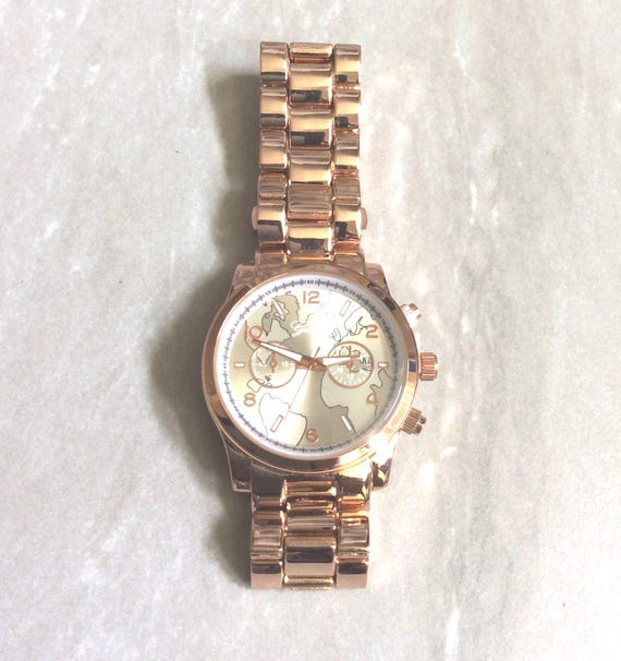 GENEVA Rose Gold Uhr Runde Silber Weltkarte Zifferblatt Nummeriert Index  Stunden Marker auf Rosegold Linked Band Neue Unbenutzte Vintage Uhr