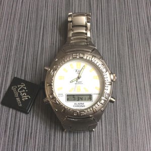 Kish Men&#39;s Watch Round White Alarm Chrono Dial Index Hours Rare Find Vintage Un-used New Condition!