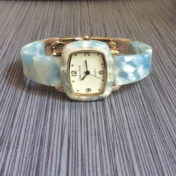 Donna Vivian Women's Blue & White Acrylic Gold Watch Rectangle White Dial Arabic Hours on a Matching Band New Unused Vintage Beauty!