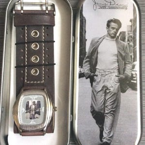 James Dean Watch Rectangle Dial on Leather Band in Original Tin Watch Box Vintage Still New!