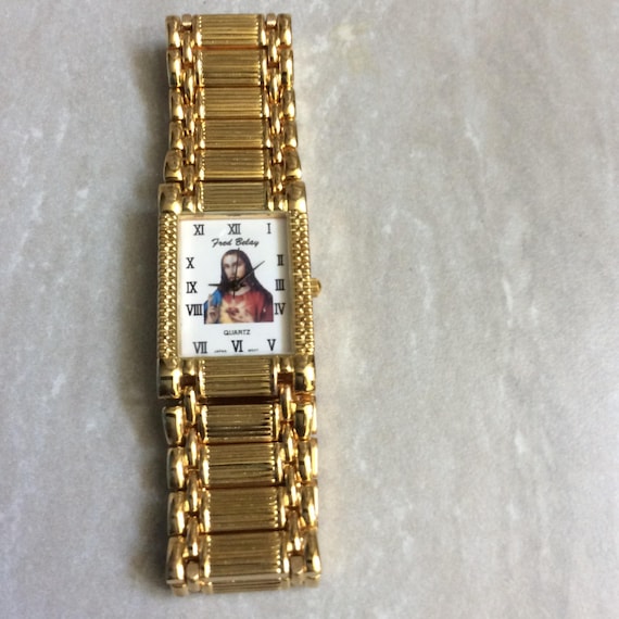 Reloj religioso dorado para hombre, rectángulo con Jesús, esfera blanca,  números romanos y correa de oro Reloj vintage nuevo sin usar,